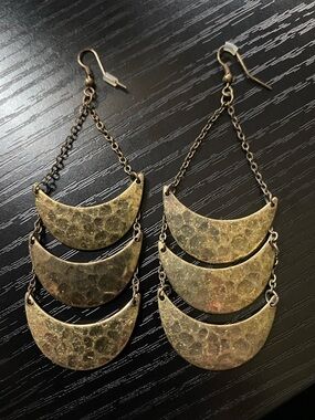 Hammered Triple Crescent Drop Earrings - Gold Tone